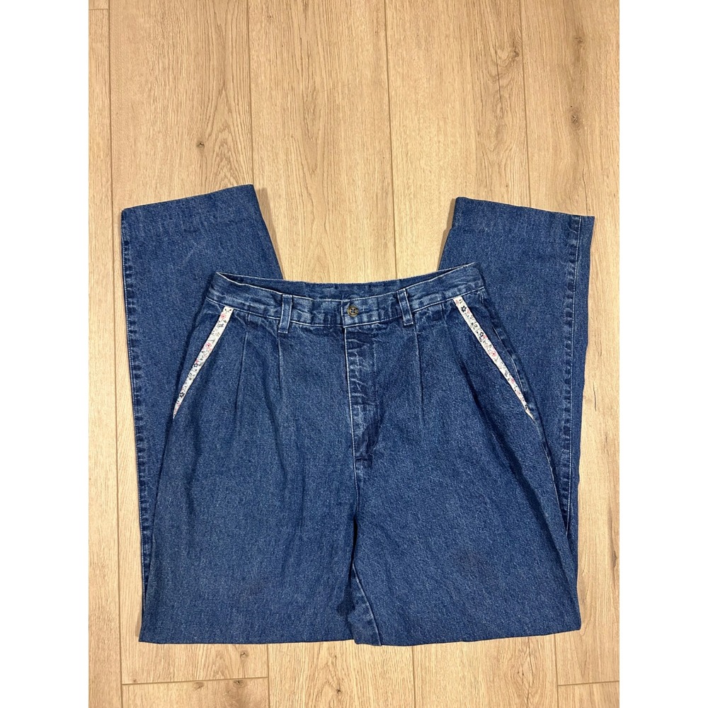 Northern Reflections Vintage 90s High Waisted Pleated Floral Trim Jeans Blue 29"